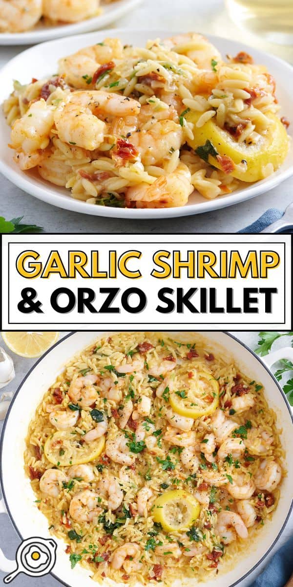 garlic shrimp and orzo skillet pin image