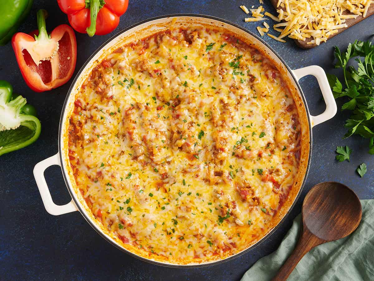 Overhead view of a stuffed pepper skillet.