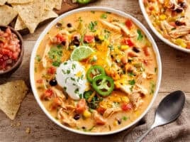 Overhead close up of chicken taco soup in a bowl topped with jalapeno slices and sour cream.