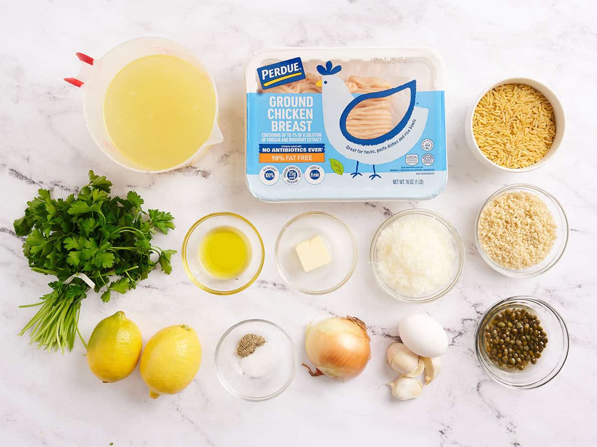The ingredients to make chicken piccata meatball and orzo skillet.