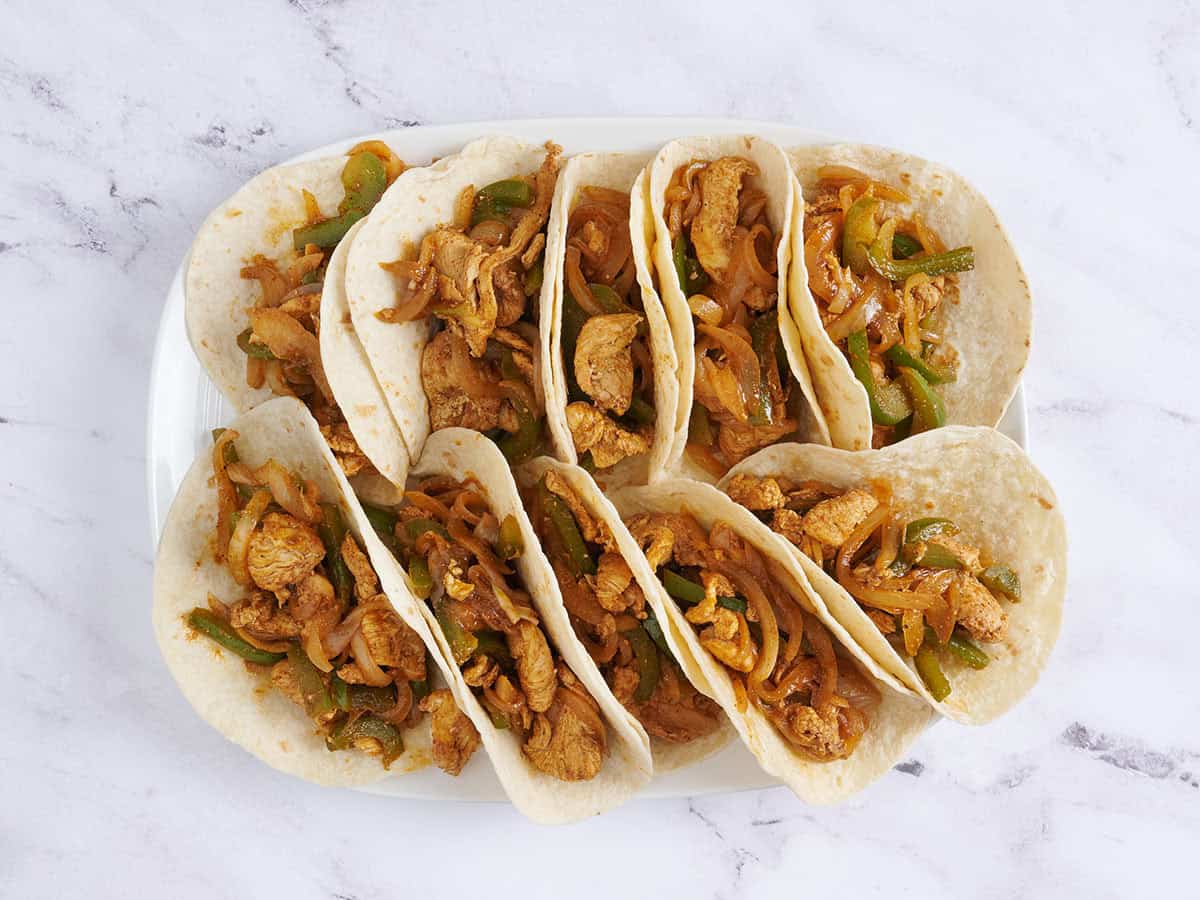 Overhead view of chicken fajitas.