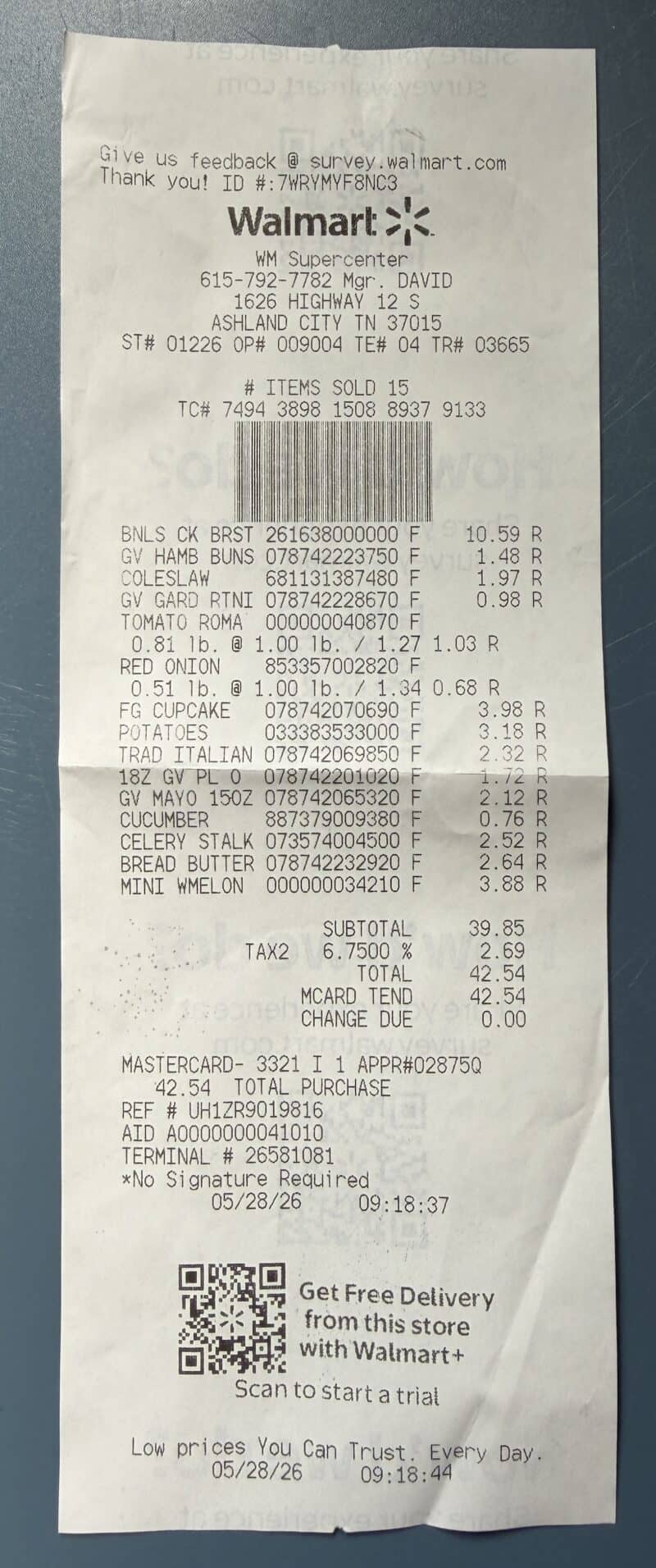 Walmart receipt for July 4 cookout menu