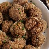 Overhead view of a plate of vegan meatballs.