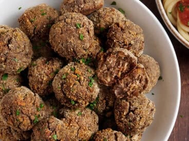 Overhead view of a plate of vegan meatballs.