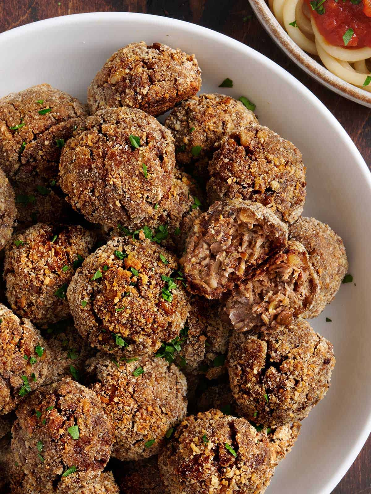 Overhead view of a plate of vegan meatballs.
