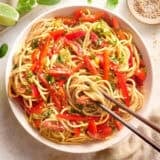 Overhead view of a bowl of cold sesame noodles.