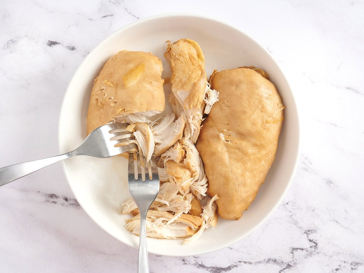 Slow cooked chicken being shredded on a plate.
