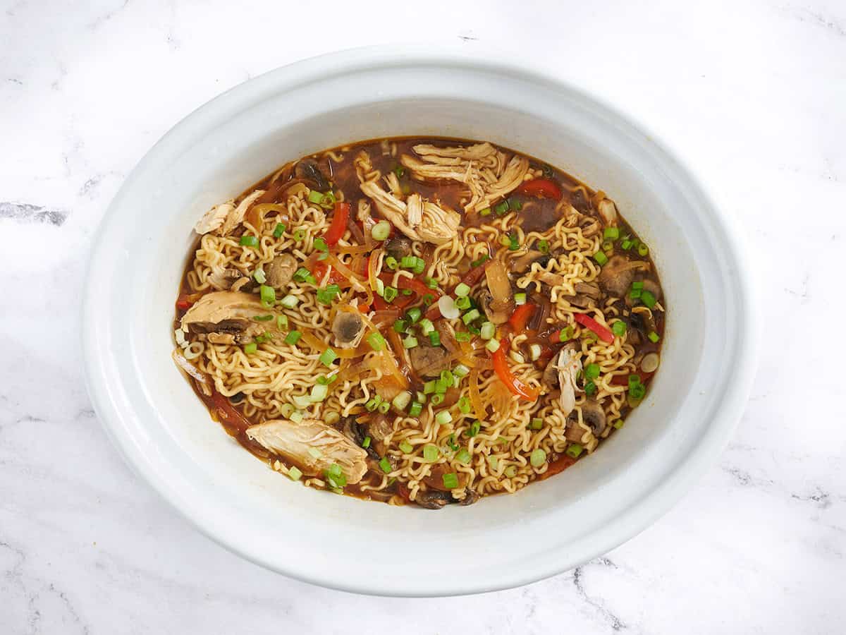 Slow cooker chicken ramen in a crockpot.