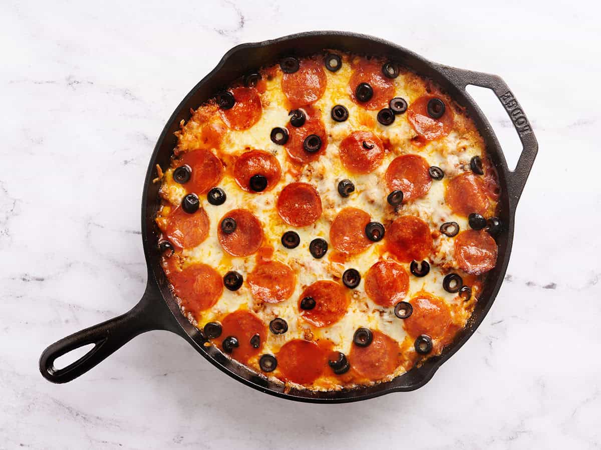 Finished skillet pizza casserole.