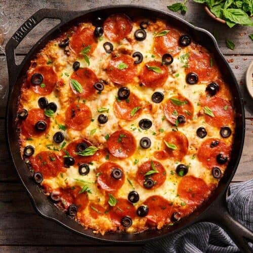 Overhead view of skillet pizza casserole in a skillet.
