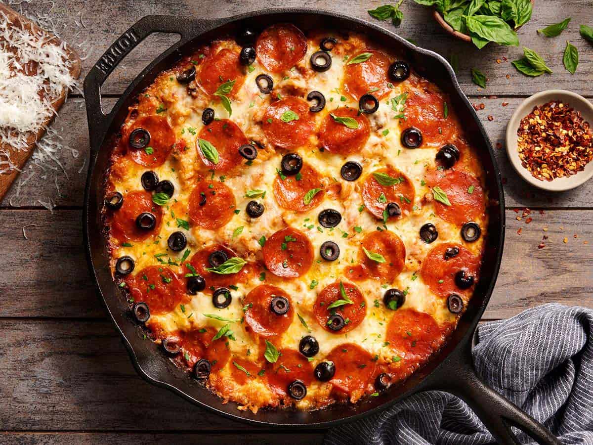 Overhead view of skillet pizza casserole in a skillet.