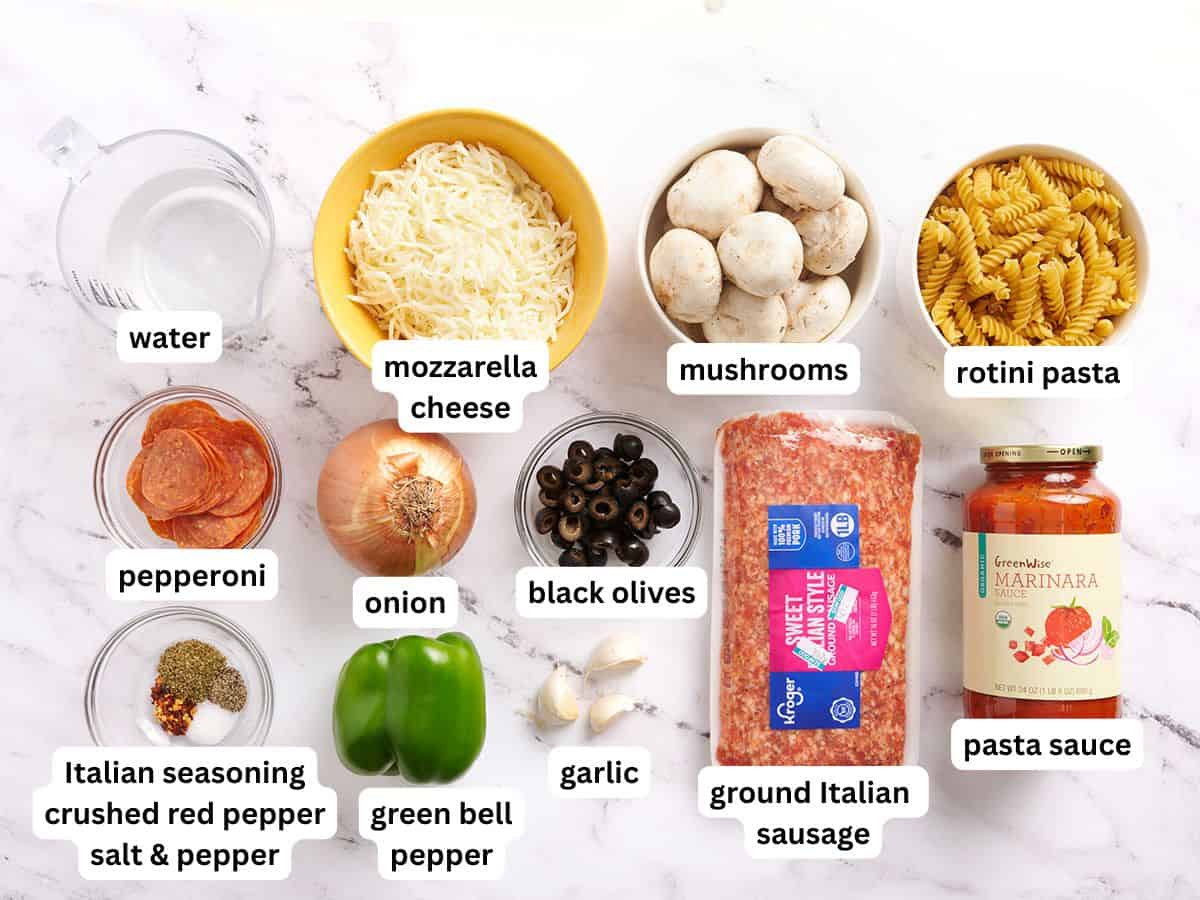 The ingredients to make skillet pizza casserole with labels.