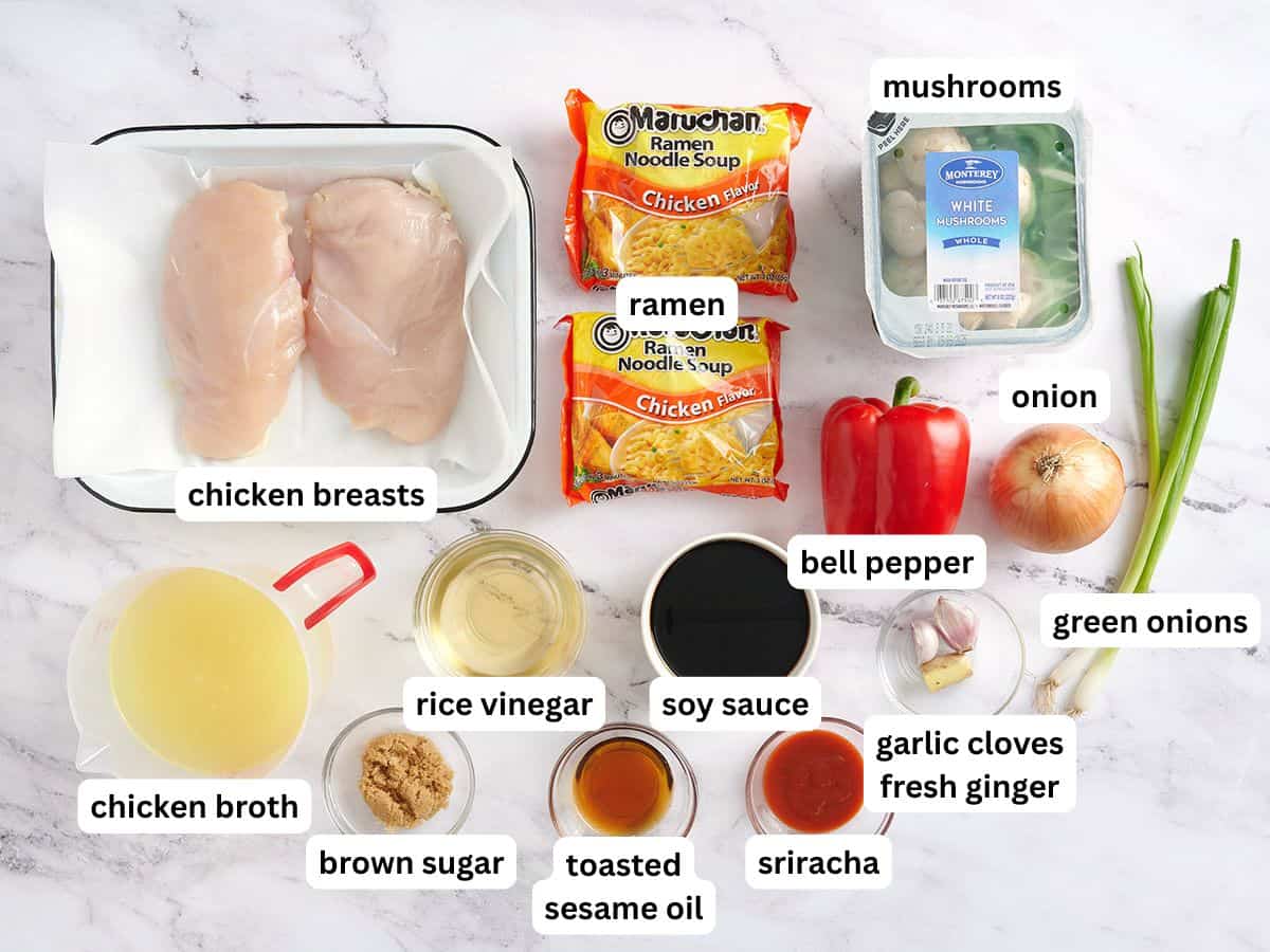 The ingredients for slow cooker chicken ramen with labels.