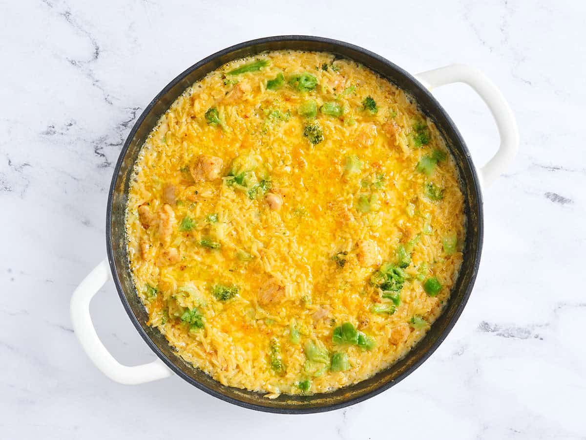 Overhead view of a finished pot of chicken broccoli casserole.