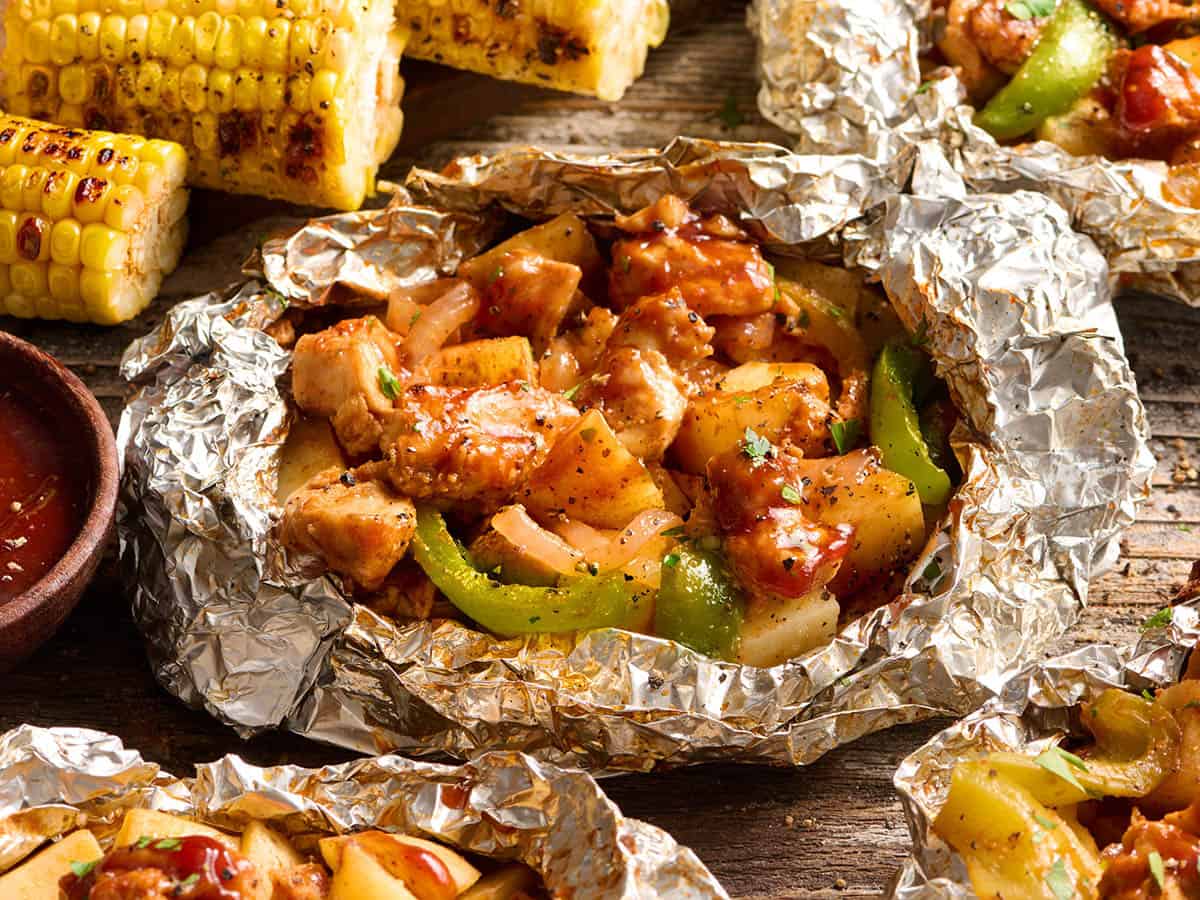 Front view of a BBQ chicken foil pack.