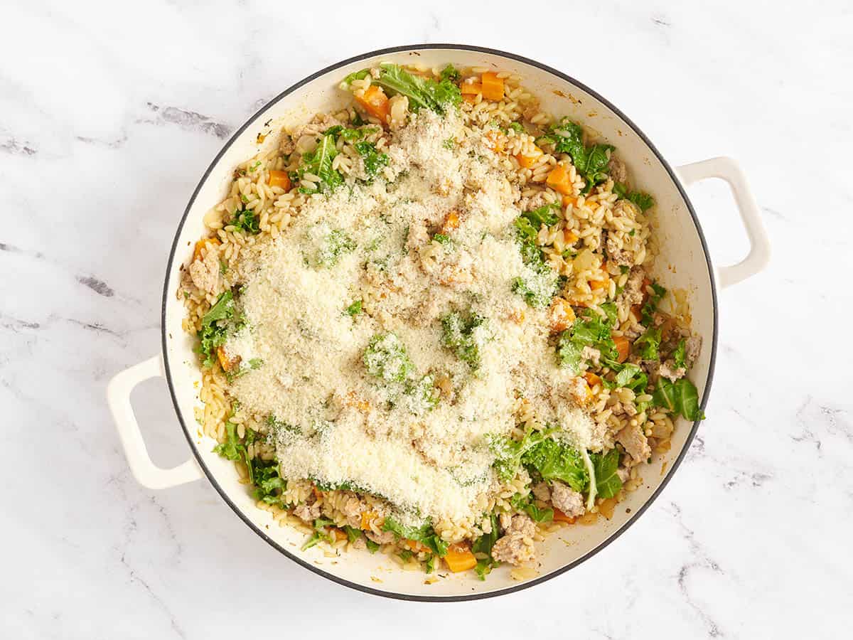 Parmesan added to a sweet potato and ground turkey skillet.