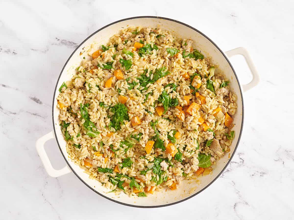 A sweet potato and ground turkey skillet with rice.