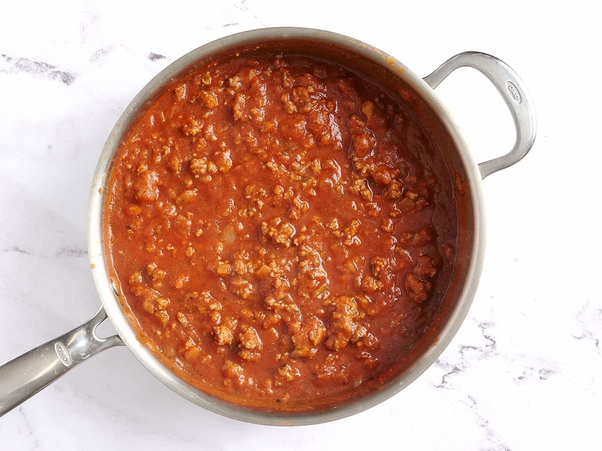 Meat sauce in a skillet.