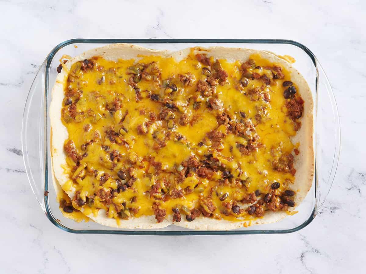 Overhead view of a finished taco casserole out the oven.