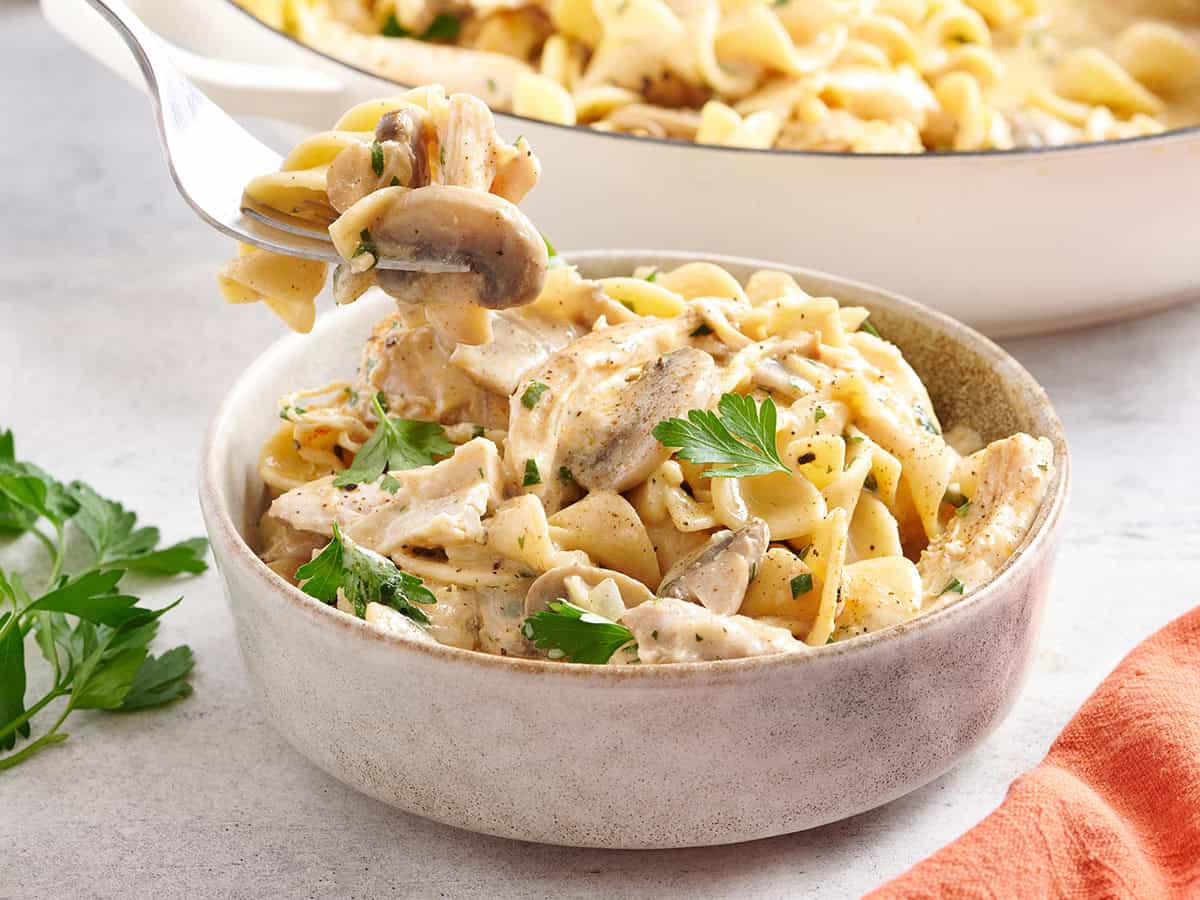 Side view of a bowl of chicken stroganoff with a fork taking some.