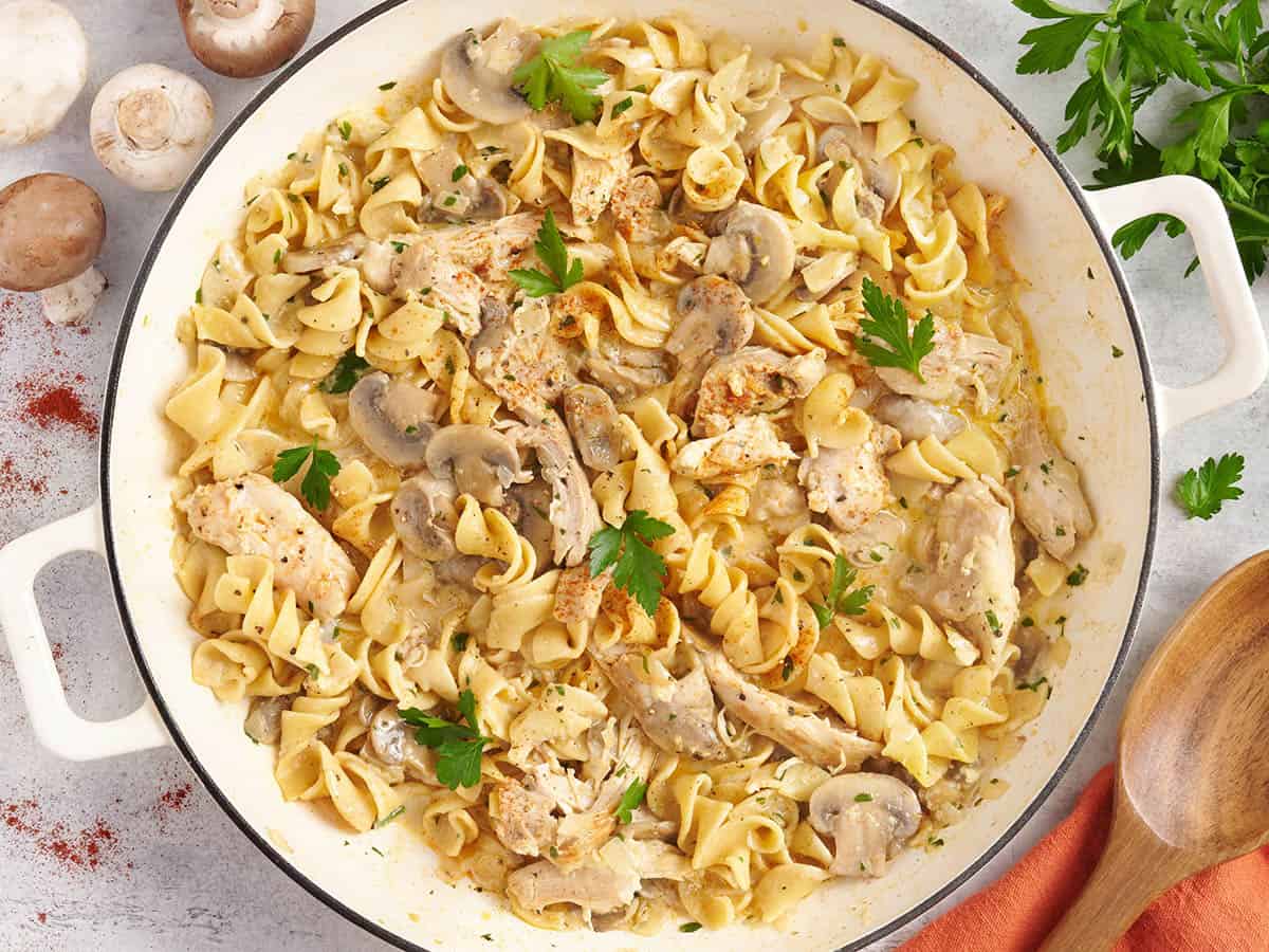 Overhead view of a pot of chicken stroganoff.
