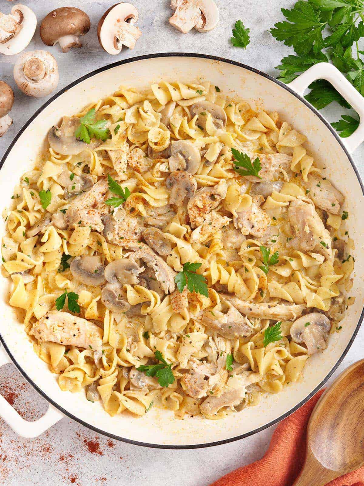 Overhead view of a pot of chicken stroganoff.