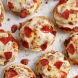 Overhead view of homemade pizza burgers.
