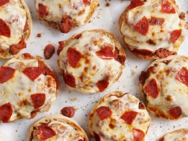 Overhead view of homemade pizza burgers.