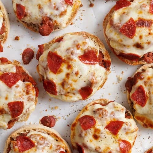 Overhead view of homemade pizza burgers.