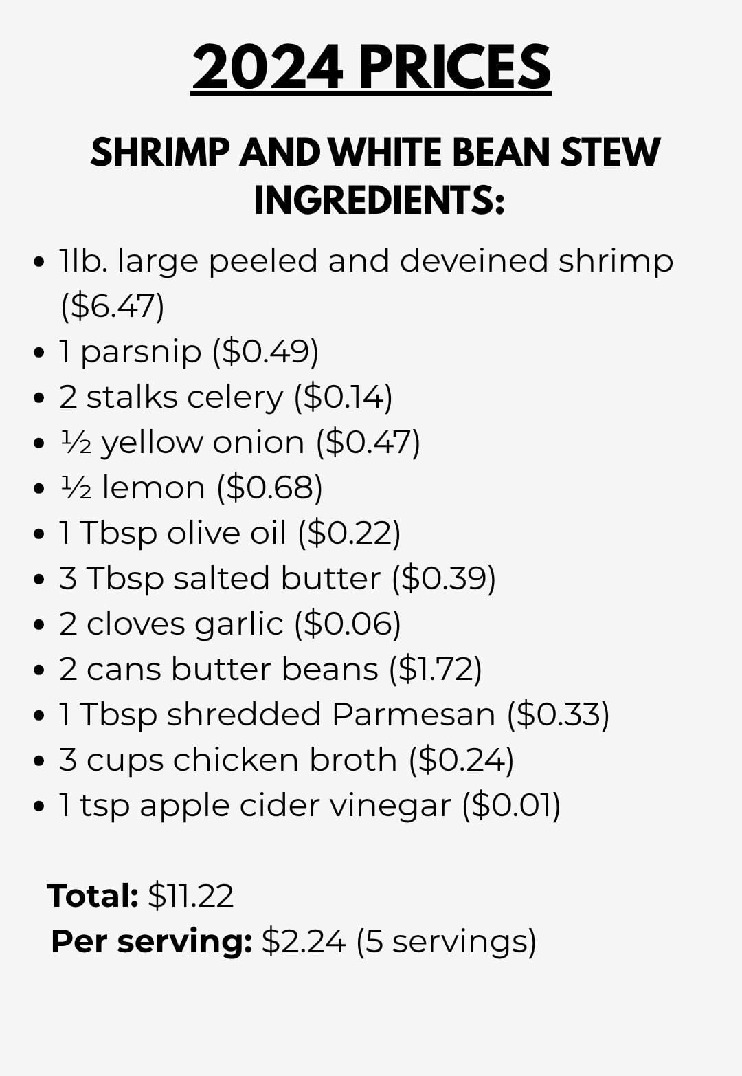 2024 ingredients list for shrimp and white bean stew with prices.