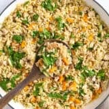 Overhead view of a sweet potato and ground turkey skillet with a wooden spoon.