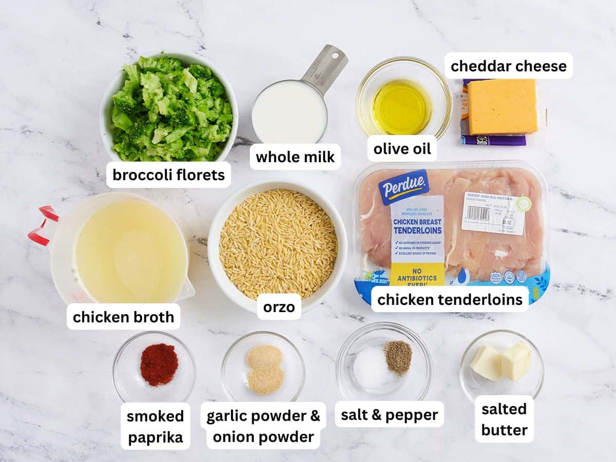 The ingredients to make a chicken broccoli casserole with labels.