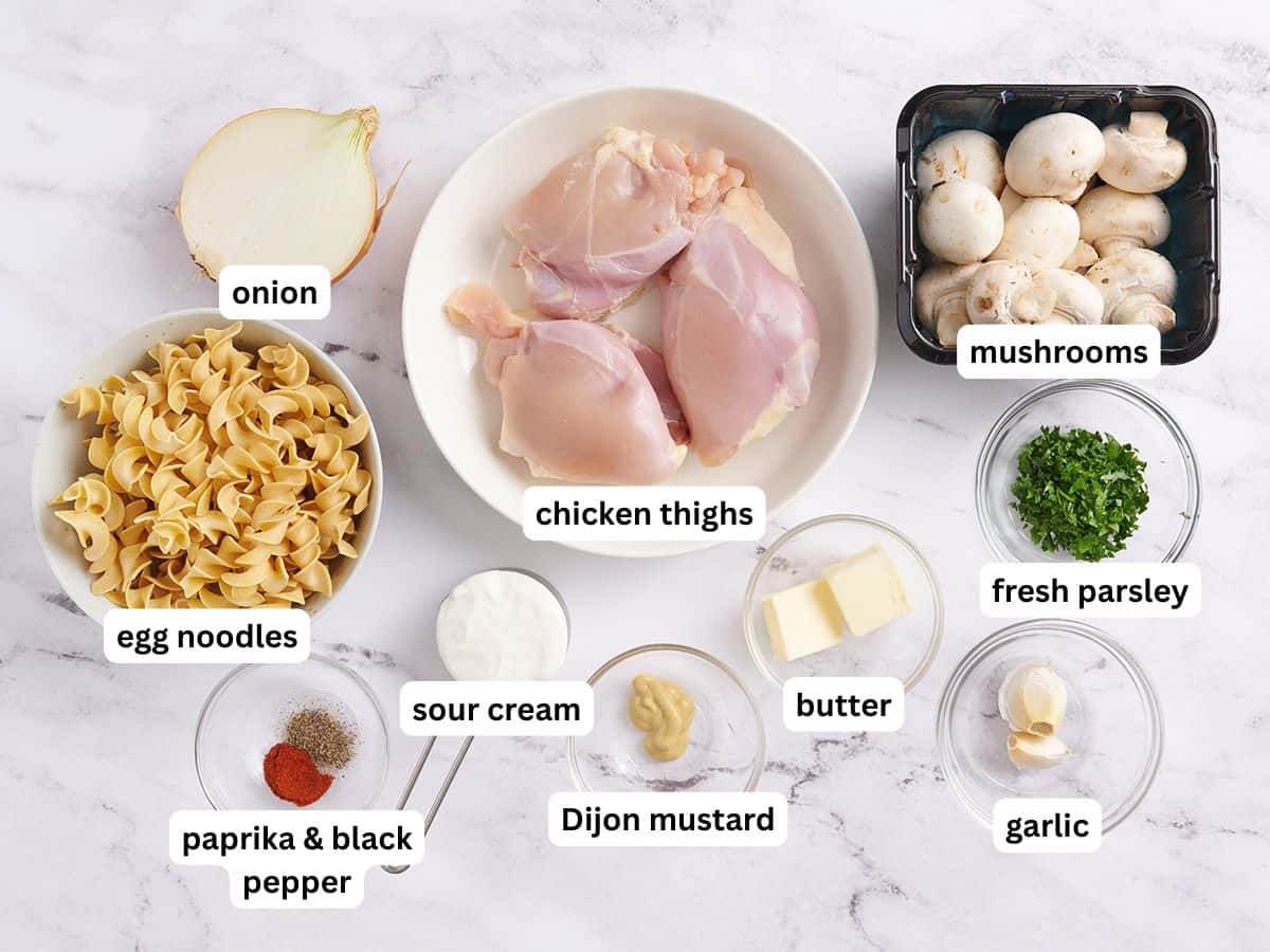 The ingredients to make chicken stroganoff with ingredient labels.