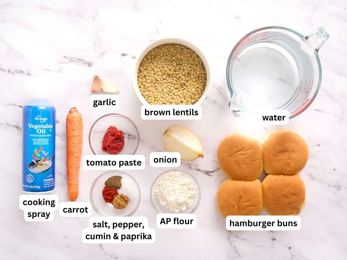The ingredients to make homemade lentil burgers with ingredient labels.
