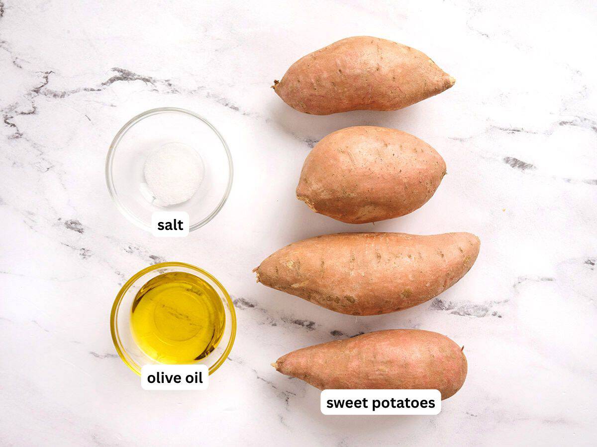 The ingredients to make roasted potatoes with ingredient labels.