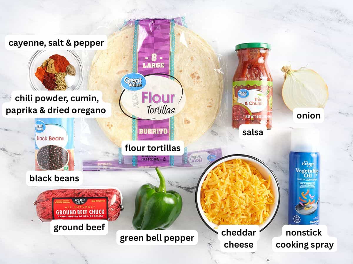 The ingredients to make taco casserole with labels.