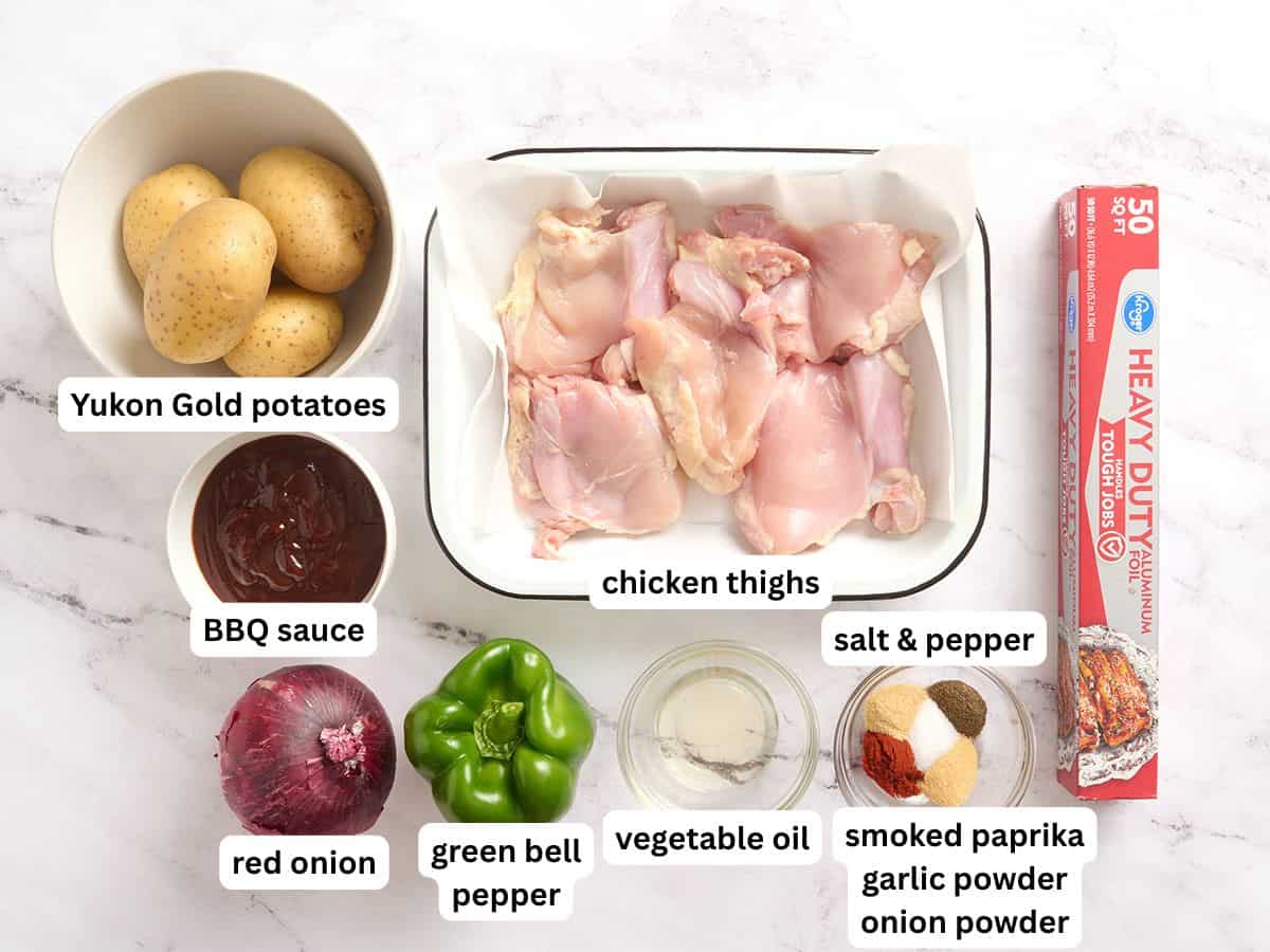 The ingredients to make BBQ chicken foil packs with labels.