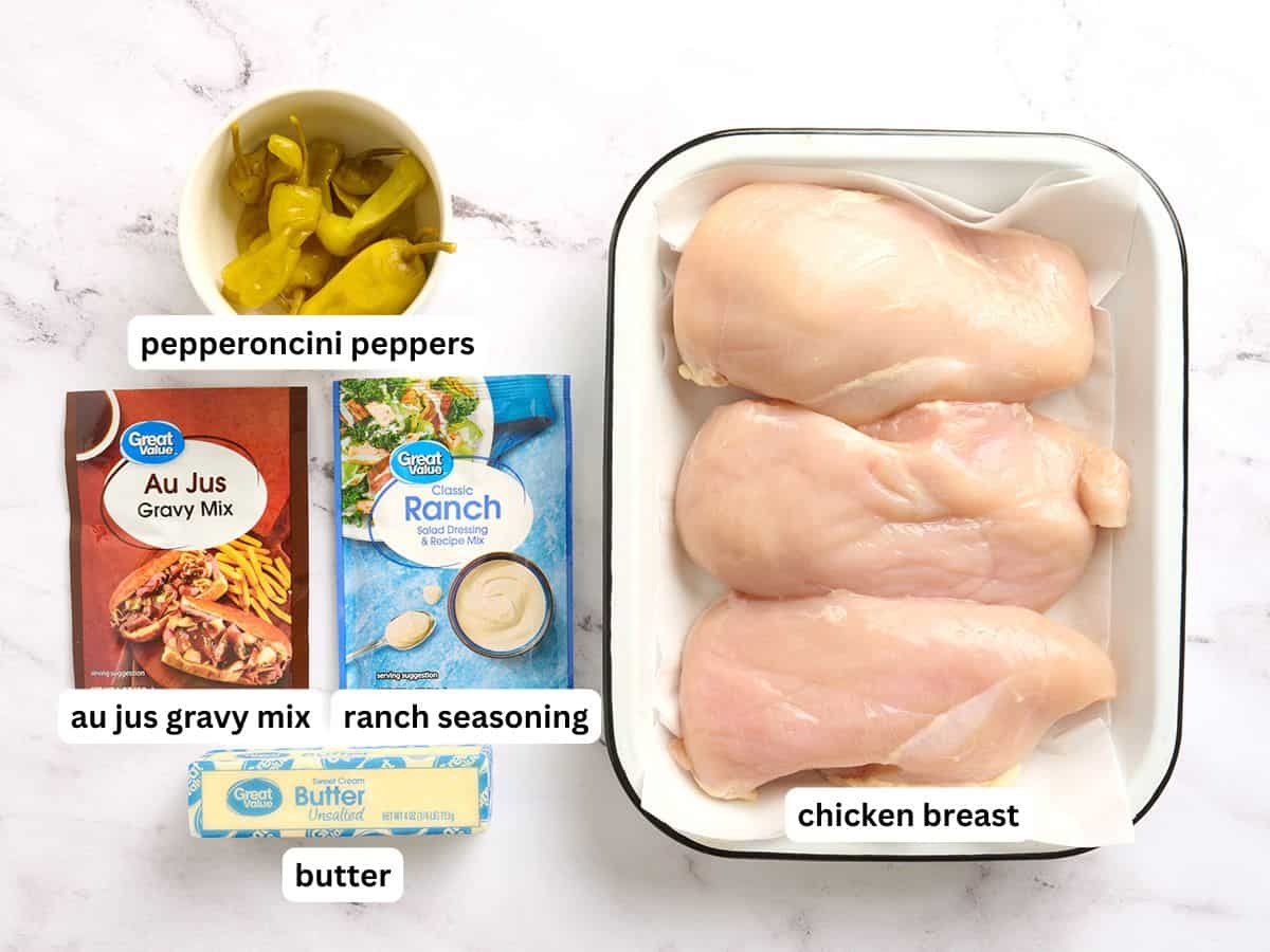The ingredients to make Mississippi chicken with labels.