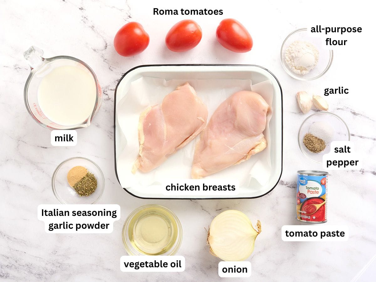 The ingredients to make creamy tomato chicken with labels.