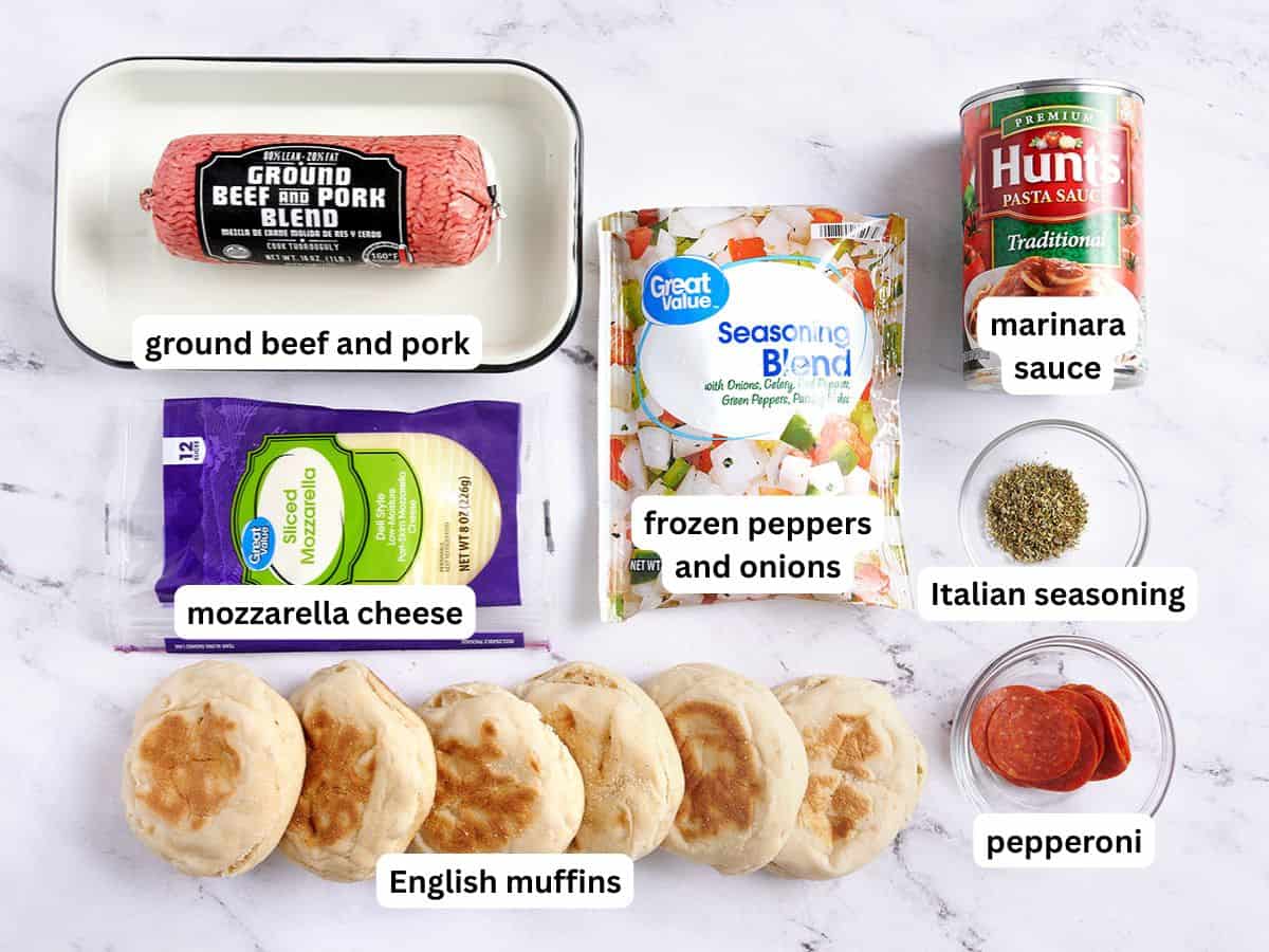 The ingredients to make pizza burgers with labels.