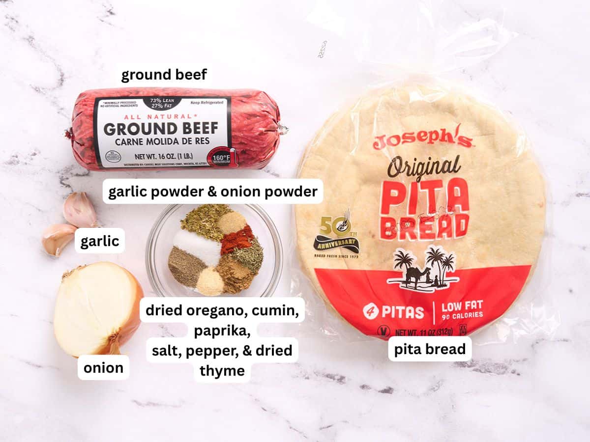 The ingredients to make a sheet pan doner kebab with labels.