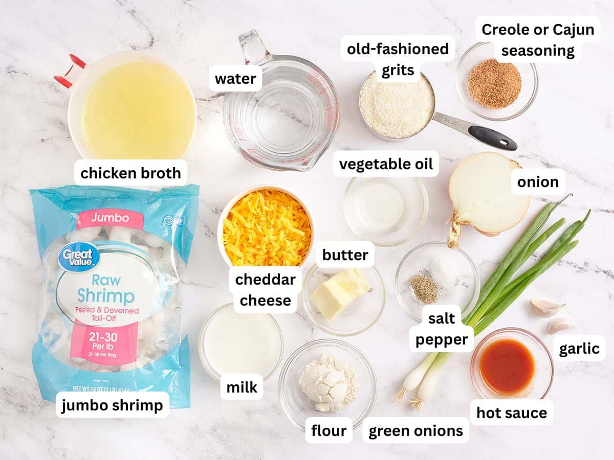 The ingredients to make shrimp and grits with labels.