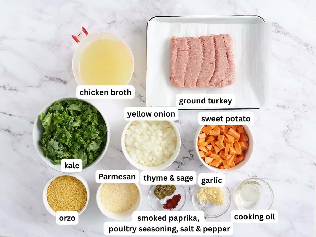 The ingredients to make sweet potato and ground turkey skillet with labels.