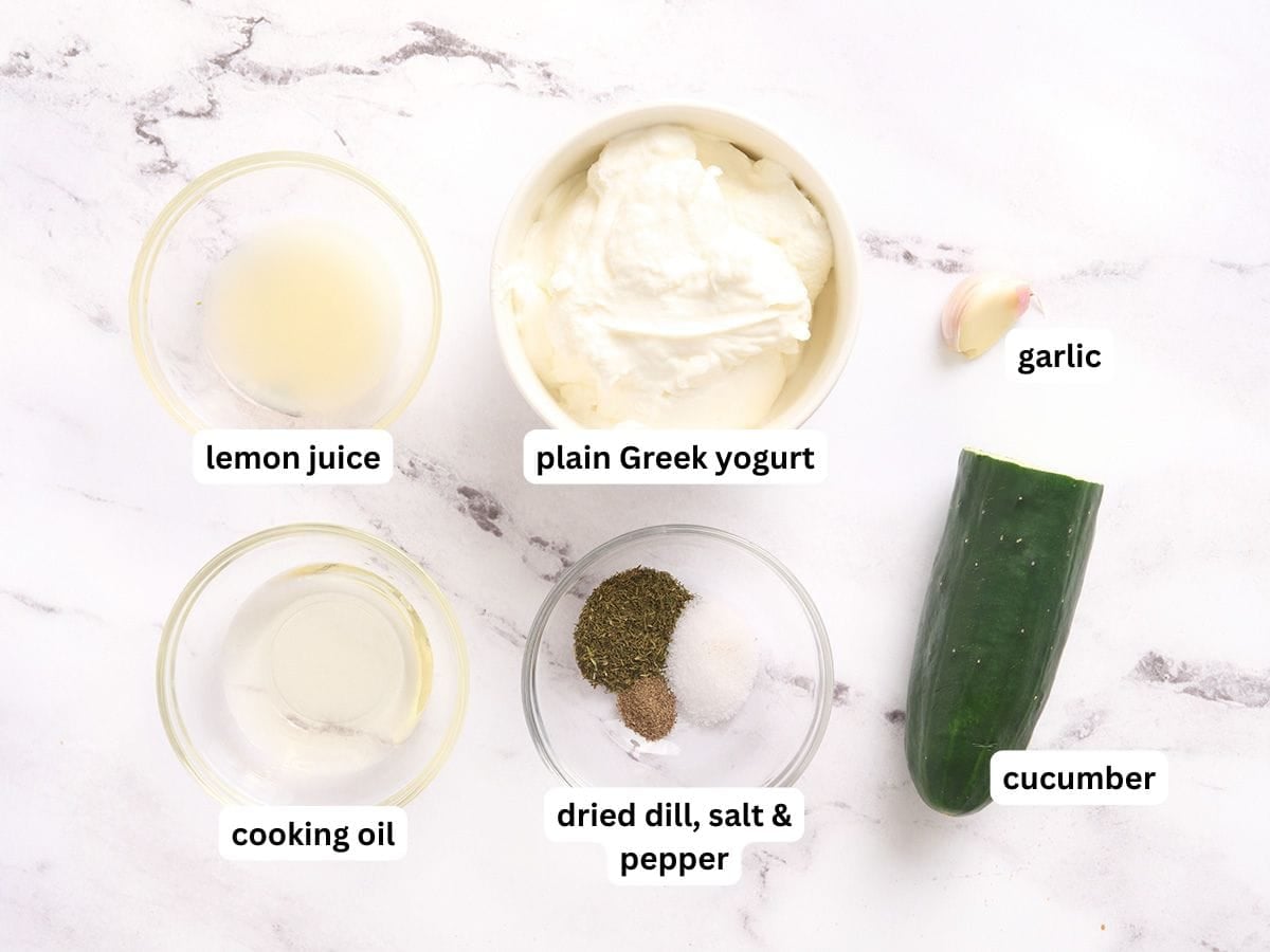 The ingredients for tzatziki sauce with labels.