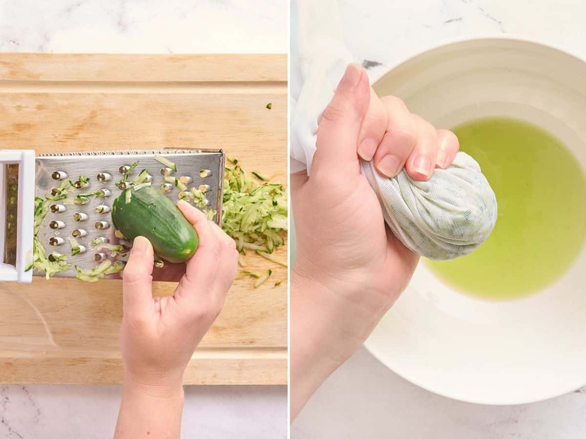Hands using a cheese grater to grate a cucumber, followed by grated cucumber in a cheese cloth being strained over a bowl.