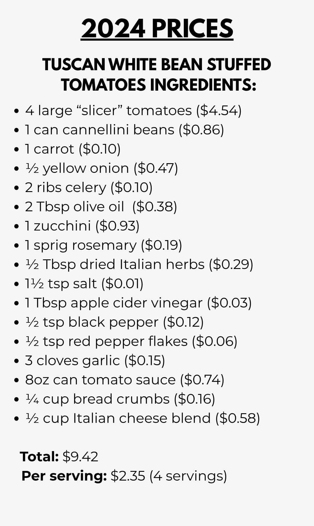 2026 ingredients list for tuscan white bean stuffed tomatoes with prices.
