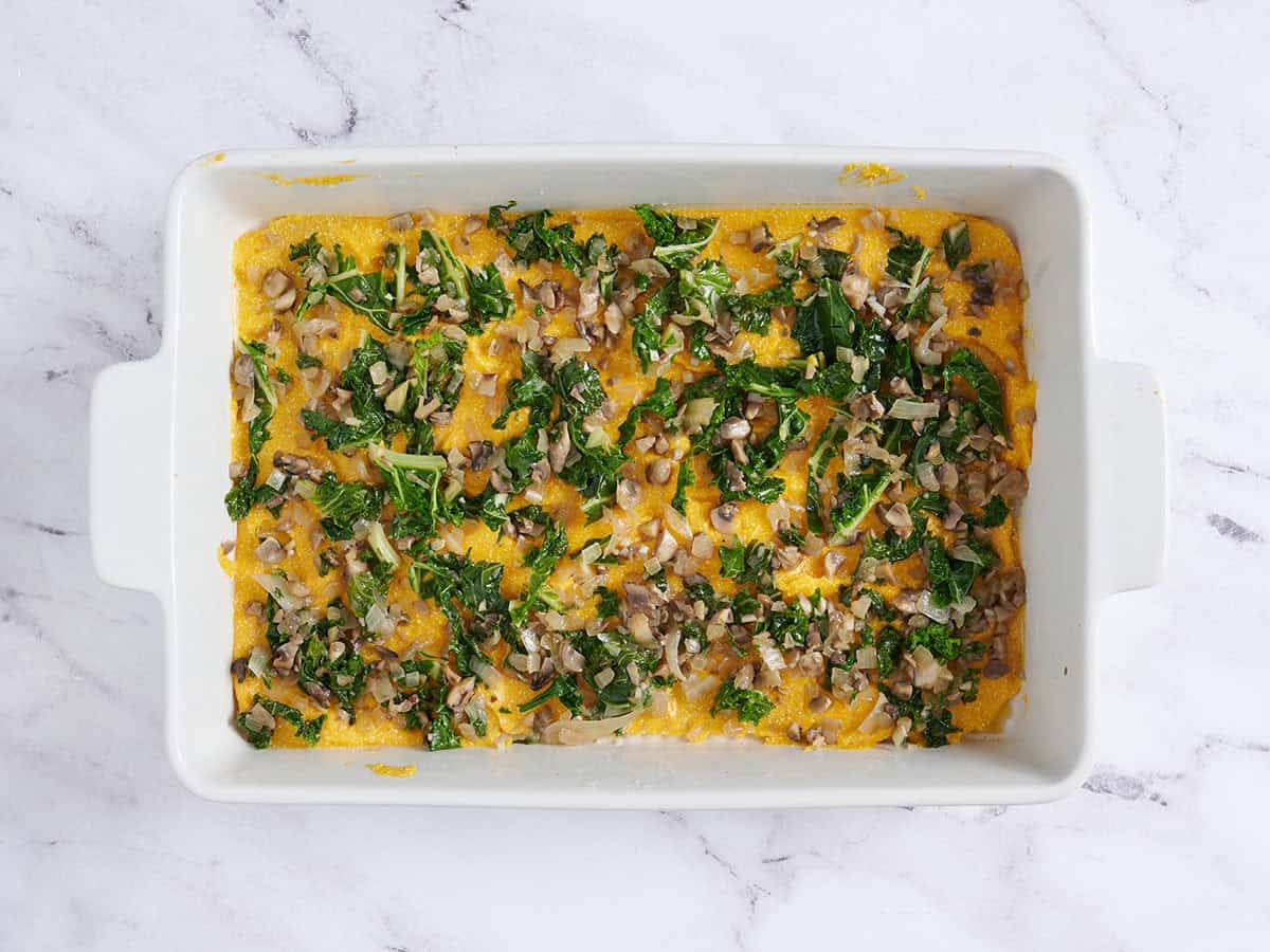 Mushroom and kale filling added on top of the noodle layer for a butternut squash lasagna.