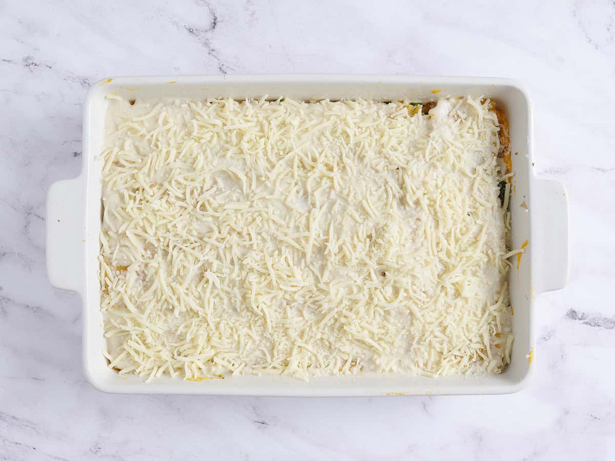 A layered butternut squash lasagna ready for the oven.