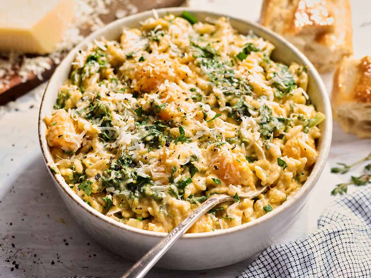 Side view of a bowl of creamy butternut squash orzo with shredded parmesan cheese and a fork.