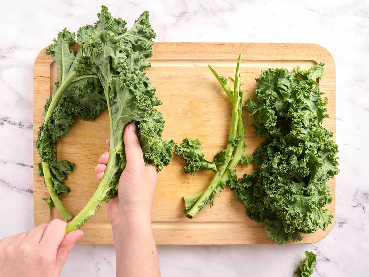 Hands removing the stems from curly kale.